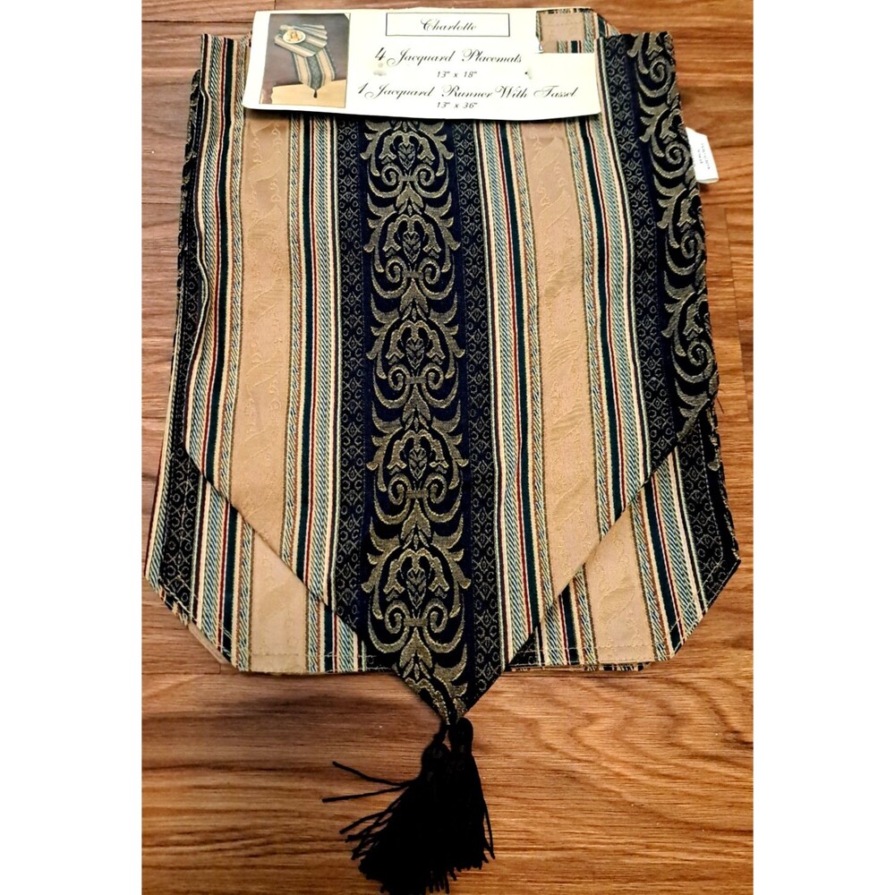 NEW Jacquard Striped Table Runner W Placemats Set of 5 Baroque Cottage NWT